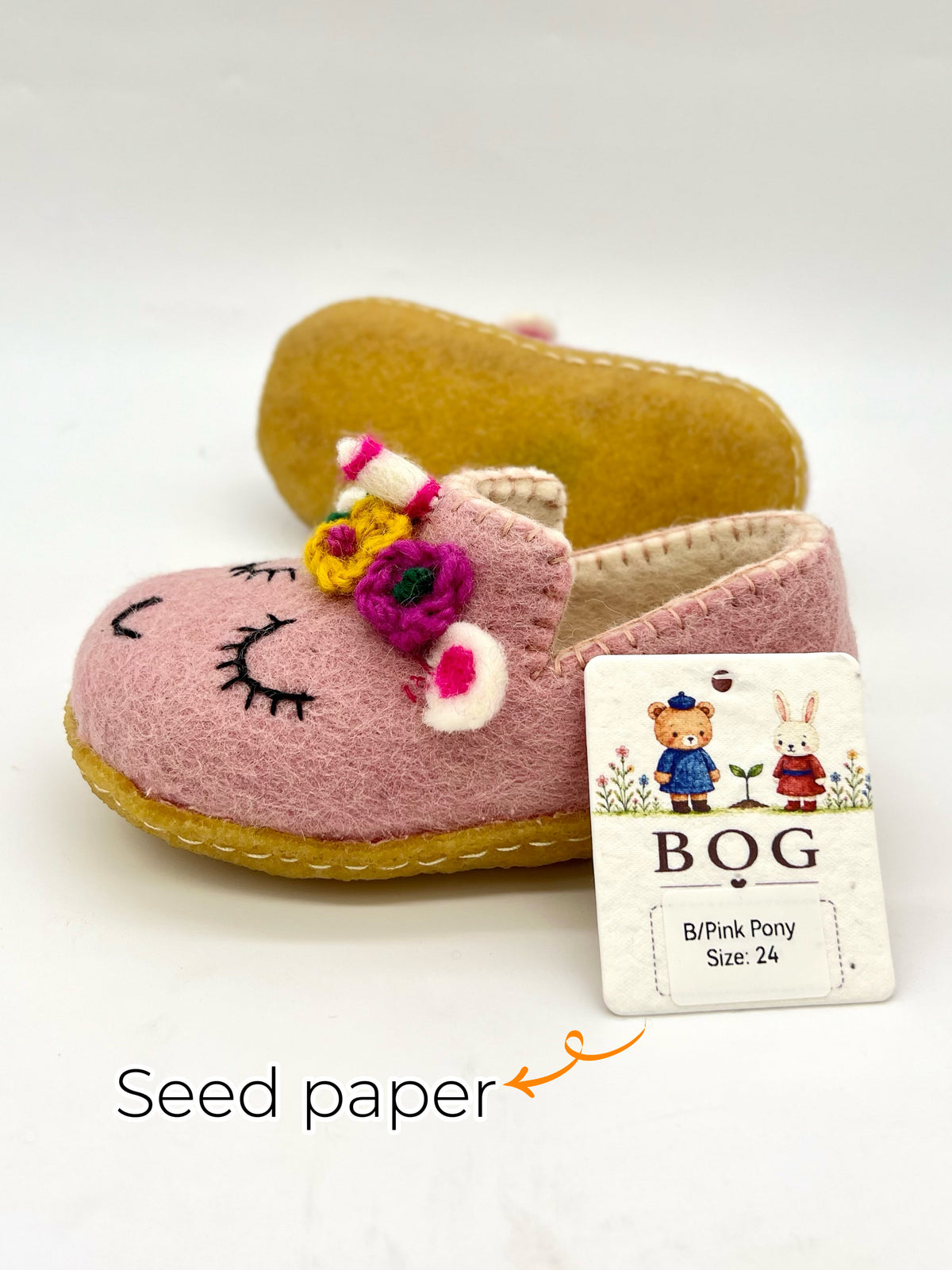 Baby Pink Unicorn felt shoes with soft natural rubber sole