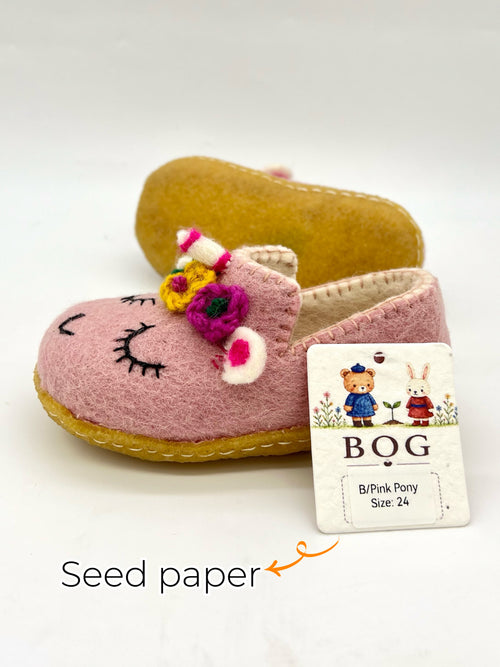 Baby Pink Unicorn felt shoes with soft natural rubber sole