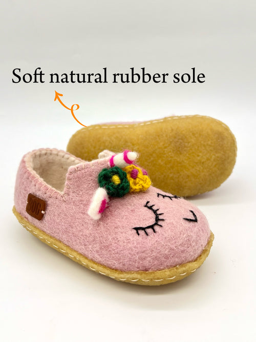 Baby Pink Unicorn felt shoes with BOG seed paper tag, size 24