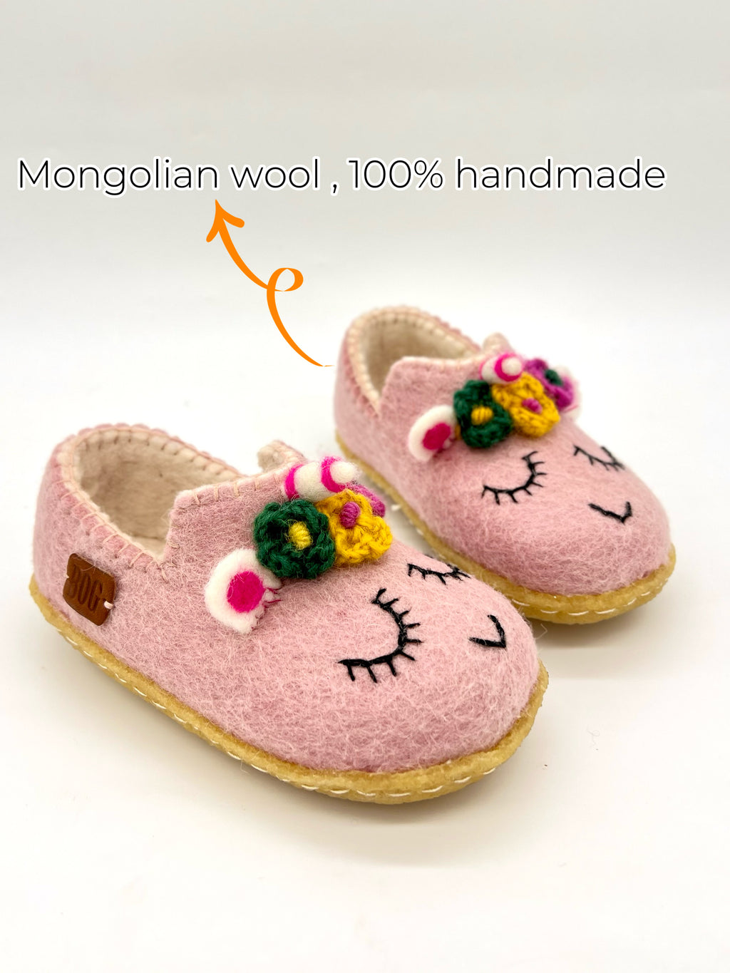 Baby Pink Unicorn felt shoes with complimentary BOG drawstring bag