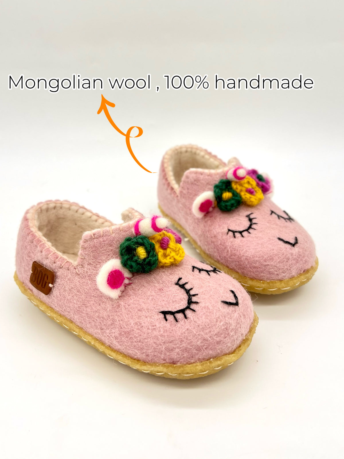 Baby Pink Unicorn felt shoes with complimentary BOG drawstring bag